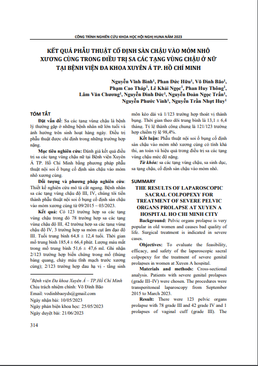 Kết quả phẫu thuật cố định sàn chậu vào mỏm nhô xương cùng trong điều trị sa các tạng vùng chậu ở nữ tại Bệnh viện Đa khoa Xuyên Á thành phố Hồ Chí Minh