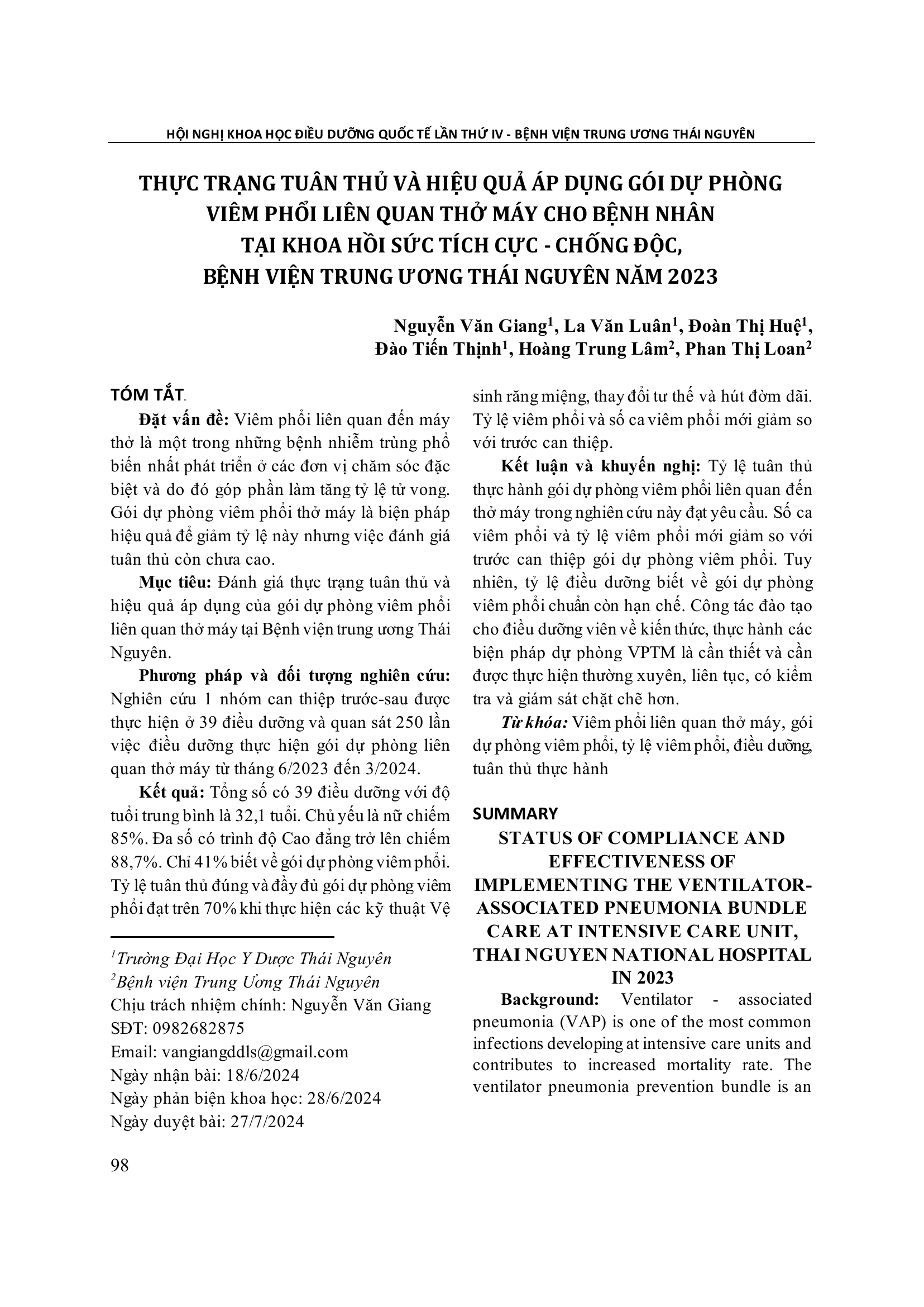 Thực trạng tuân thủ và hiệu quả áp dụng gói dự phòng viêm phổi liên quan thở máy cho bệnh nhân tại khoa Hồi sức Tích cực - Chống độc, Bệnh viện Trung ương Thái Nguyên năm 2023