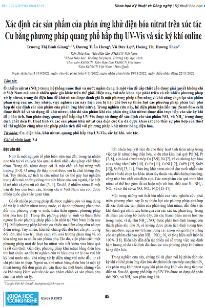 Xác định các sản phẩm của phản ứng khử điện hóa nitrat trên xúc tác Cu bằng phương pháp quang phổ hấp thụ UV-Vis và sắc ký khí online