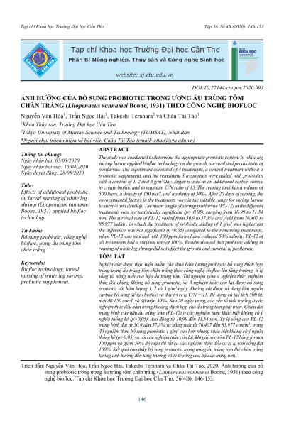 Ảnh hưởng của bổ sung probiotic trong ương ấu trùng tôm chân trắng (Litopenaeus vannamei) theo công nghệ biofloc