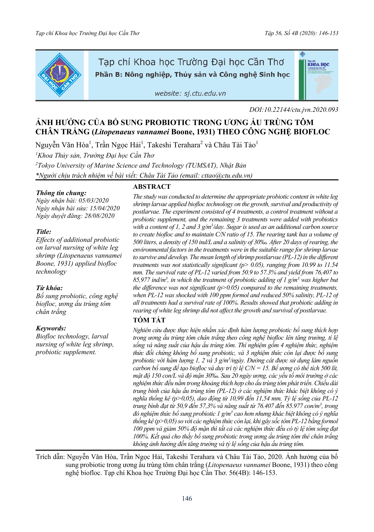 Ảnh hưởng của bổ sung probiotic trong ương ấu trùng tôm chân trắng (Litopenaeus vannamei) theo công nghệ biofloc