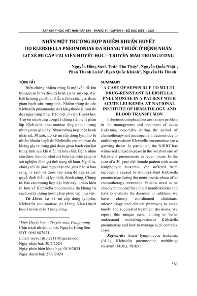 Nhân một trường hợp nhiễm khuẩn huyết do Klebsiella pneumoniae đa kháng thuốc ở bệnh nhân Lơ xê mi cấp tại Viện Huyết học - Truyền máu Trung ương