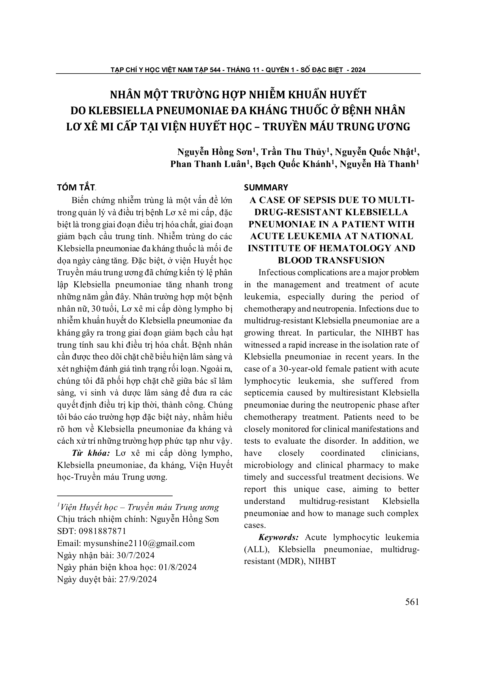 Nhân một trường hợp nhiễm khuẩn huyết do Klebsiella pneumoniae đa kháng thuốc ở bệnh nhân Lơ xê mi cấp tại Viện Huyết học - Truyền máu Trung ương