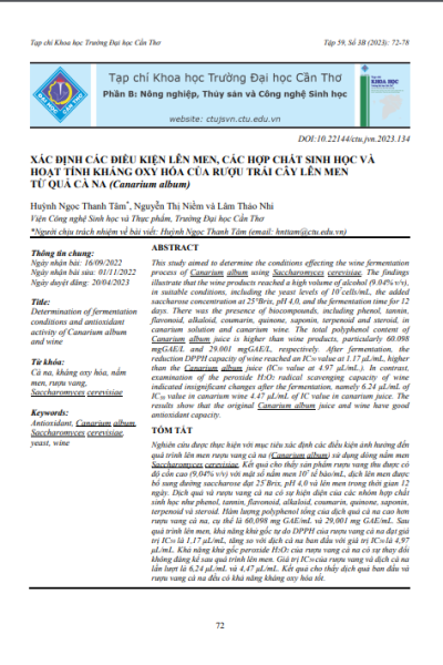 Xác định các điều kiện lên men, các hợp chất sinh học và hoạt tính kháng oxy hóa của rượu trái cây lên men từ quả cà na (Canarium album)