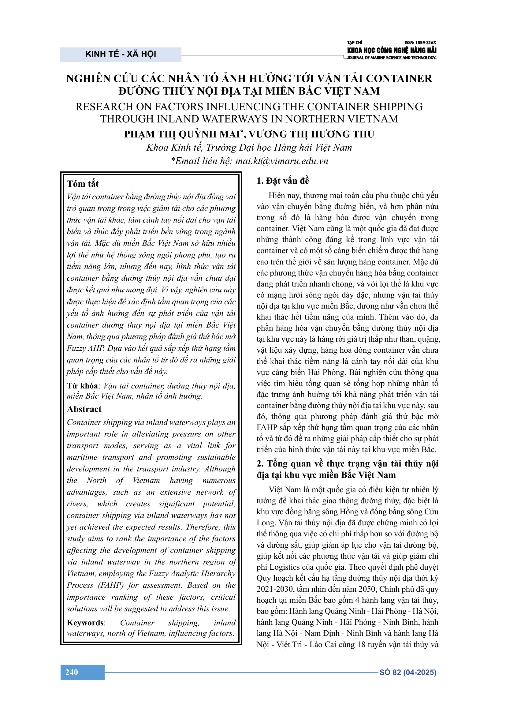 Nghiên cứu các nhân tố ảnh hưởng tới vận tải container đường thủy nội địa tại miền Bắc Việt Nam