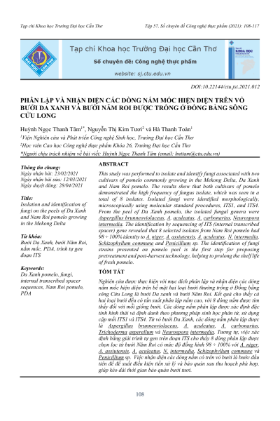 Phân lập và nhận diện các dòng nấm mốc hiện diện trên vỏ bưởi Da xanh và bưởi Năm Roi được trồng ở đồng bằng sông Cửu Long