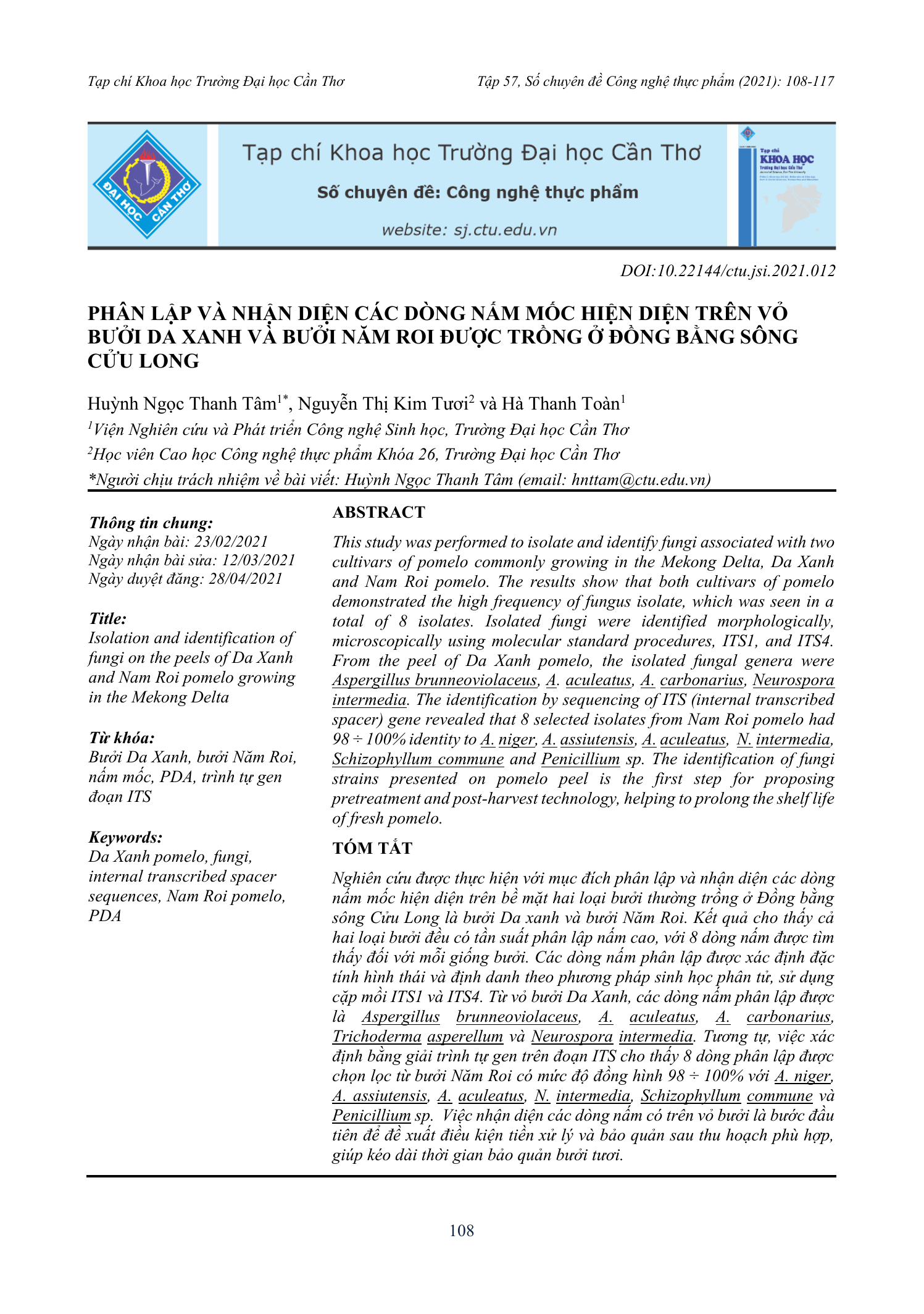 Phân lập và nhận diện các dòng nấm mốc hiện diện trên vỏ bưởi Da xanh và bưởi Năm Roi được trồng ở đồng bằng sông Cửu Long