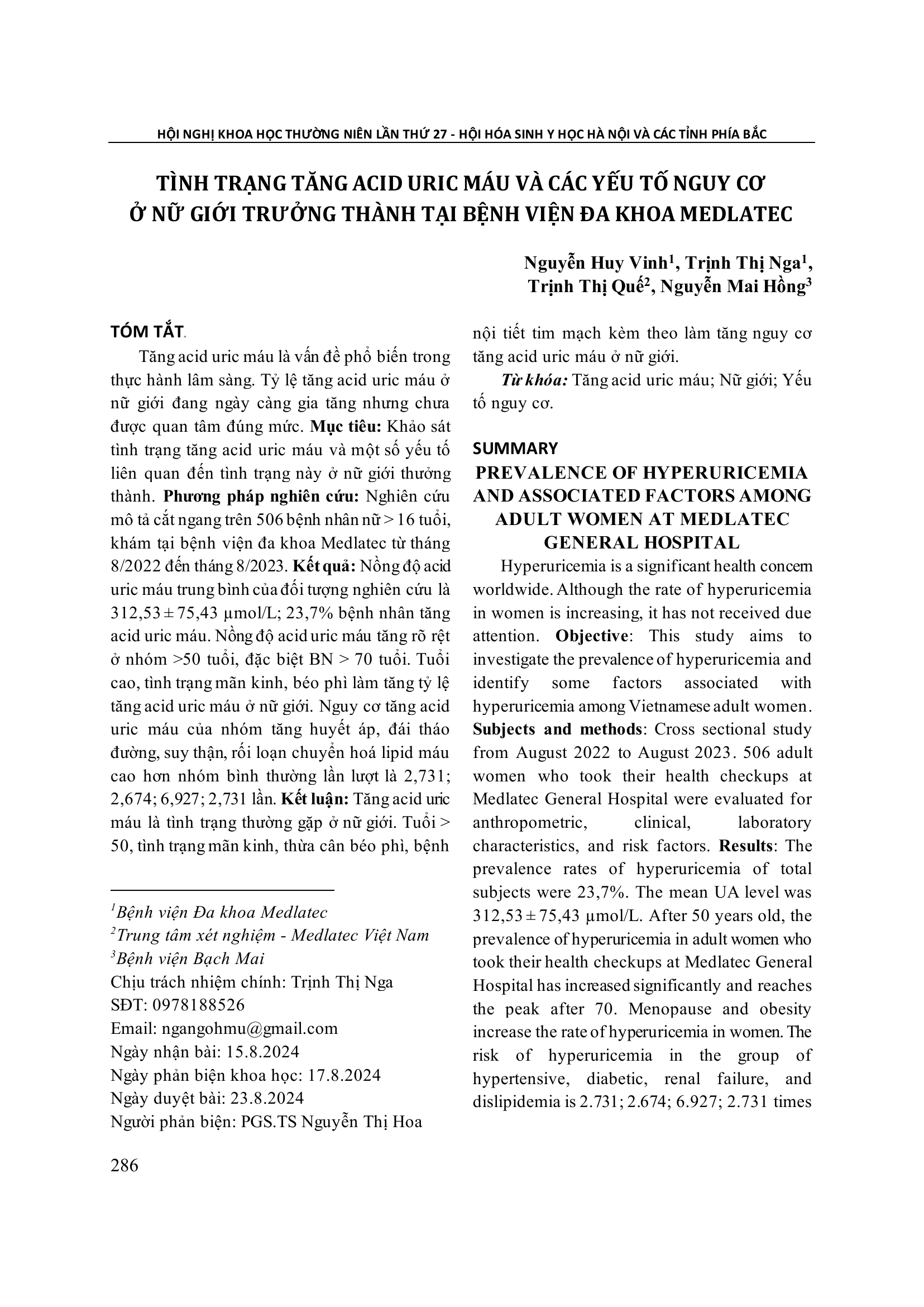 Tình trạng tăng acid uric máu và các yếu tố nguy cơ ở nữ giới trưởng thành tại Bệnh viện Đa khoa Medlatec