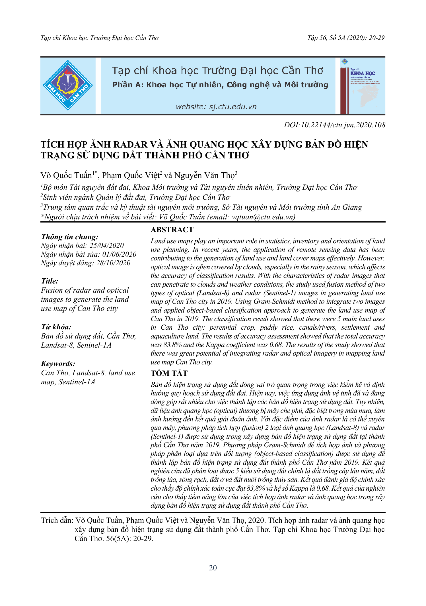 Tích hợp ảnh radar và ảnh quang học xây dựng bản đồ hiện trạng sử dụng đất thành phố Cần Thơ