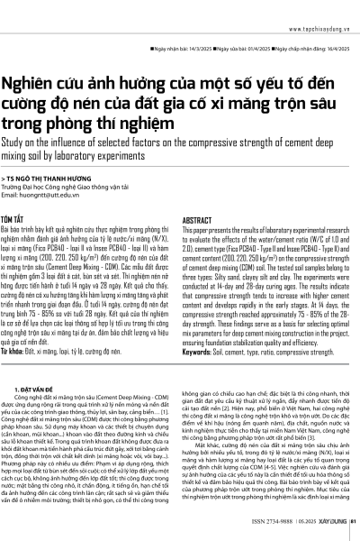 Nghiên cứu ảnh hưởng của một số yếu tố đến cường độ nén của đất gia cố xi măng trộn sâu trong phòng thí nghiệm