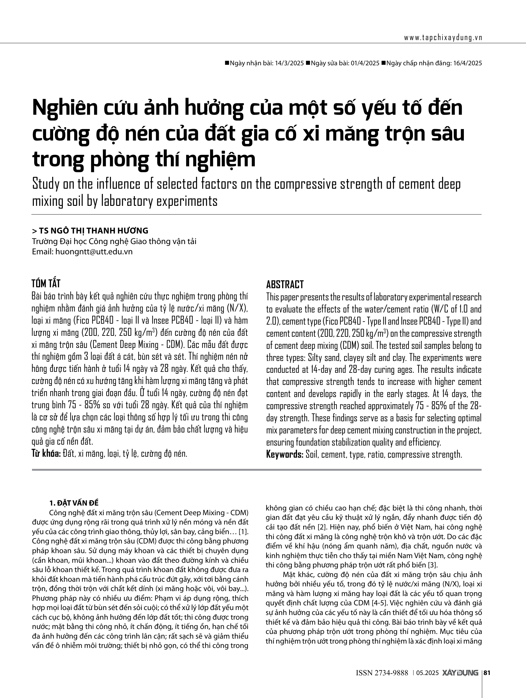 Nghiên cứu ảnh hưởng của một số yếu tố đến cường độ nén của đất gia cố xi măng trộn sâu trong phòng thí nghiệm