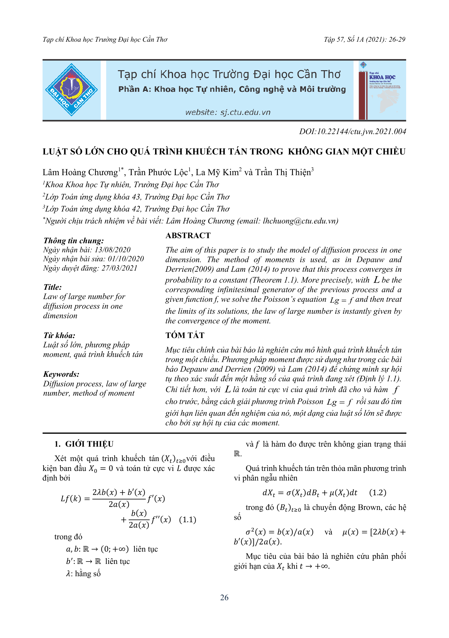 Luật số lớn cho quá trình khuếch tán trong không gian một chiều