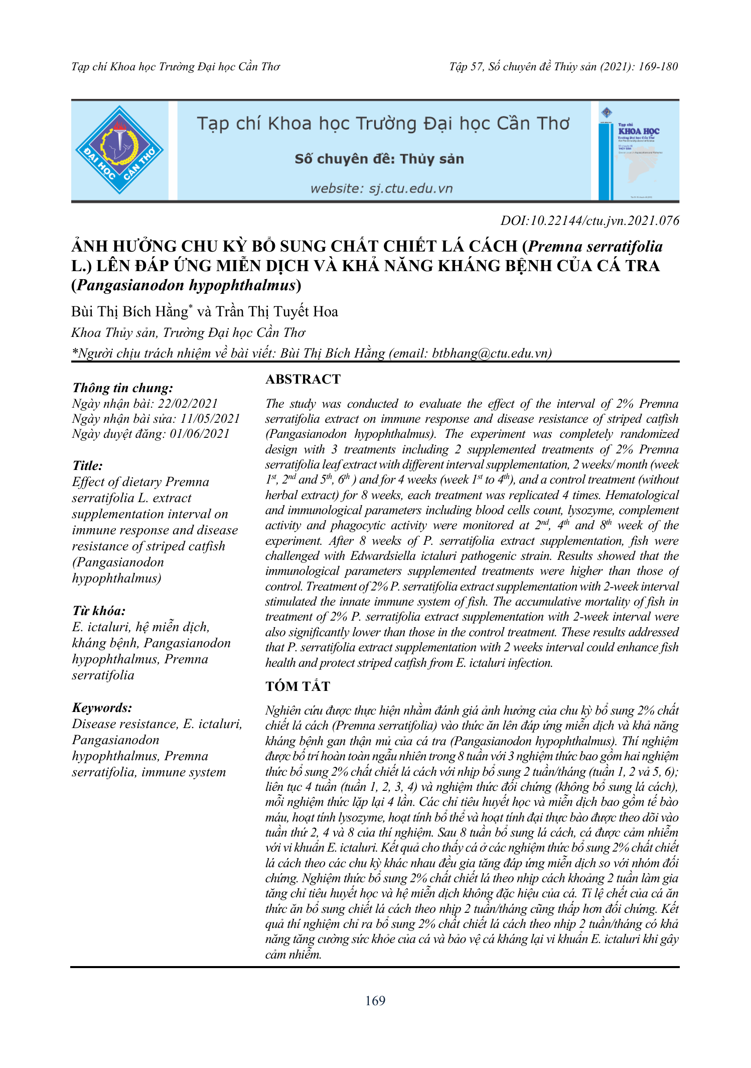Ảnh hưởng chu kỳ bổ sung chất chiết lá cách (Premna serratifolia L.) lên đáp ứng miễn dịch và khả năng kháng bệnh của cá tra (Pangasianodon hypophthalmus)