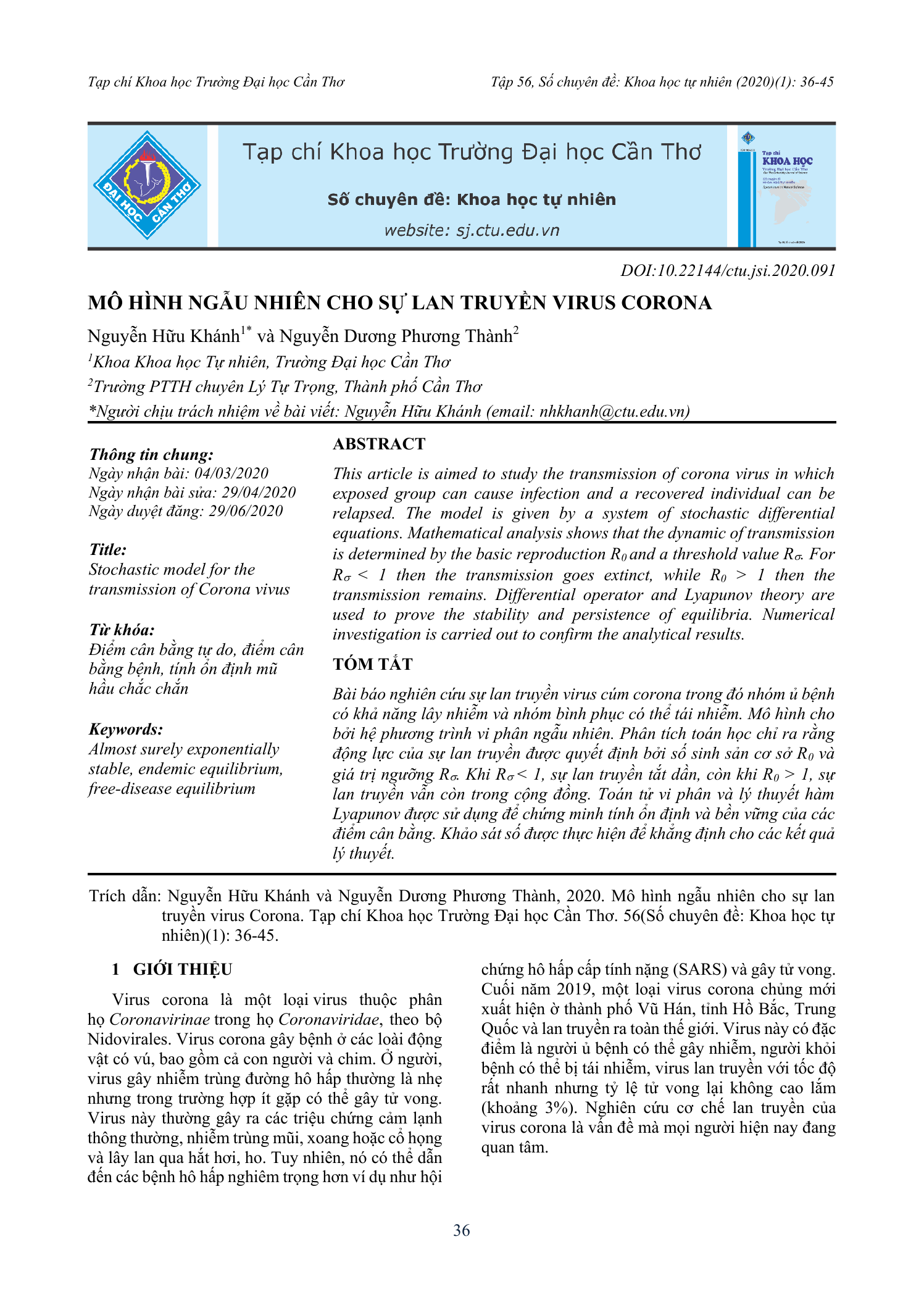 Mô hình ngẫu nhiên cho sự lan truyền virus corona