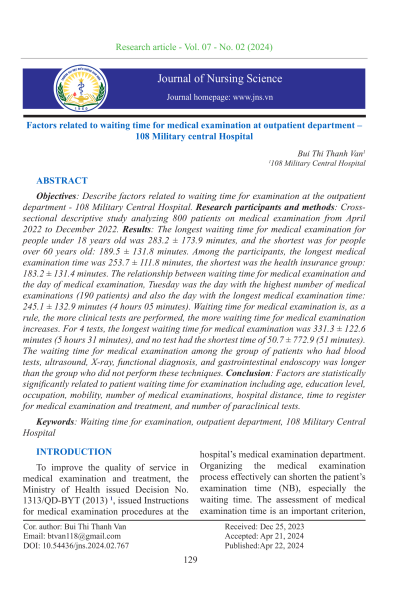 Factors related to waiting time for medical examination at outpatient department – 108 Military central Hospital