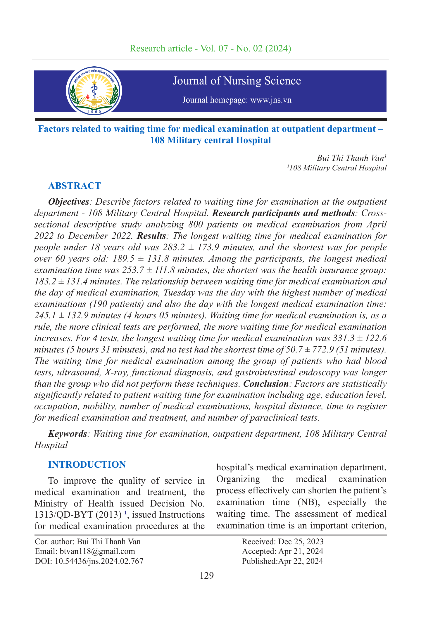 Factors related to waiting time for medical examination at outpatient department – 108 Military central Hospital