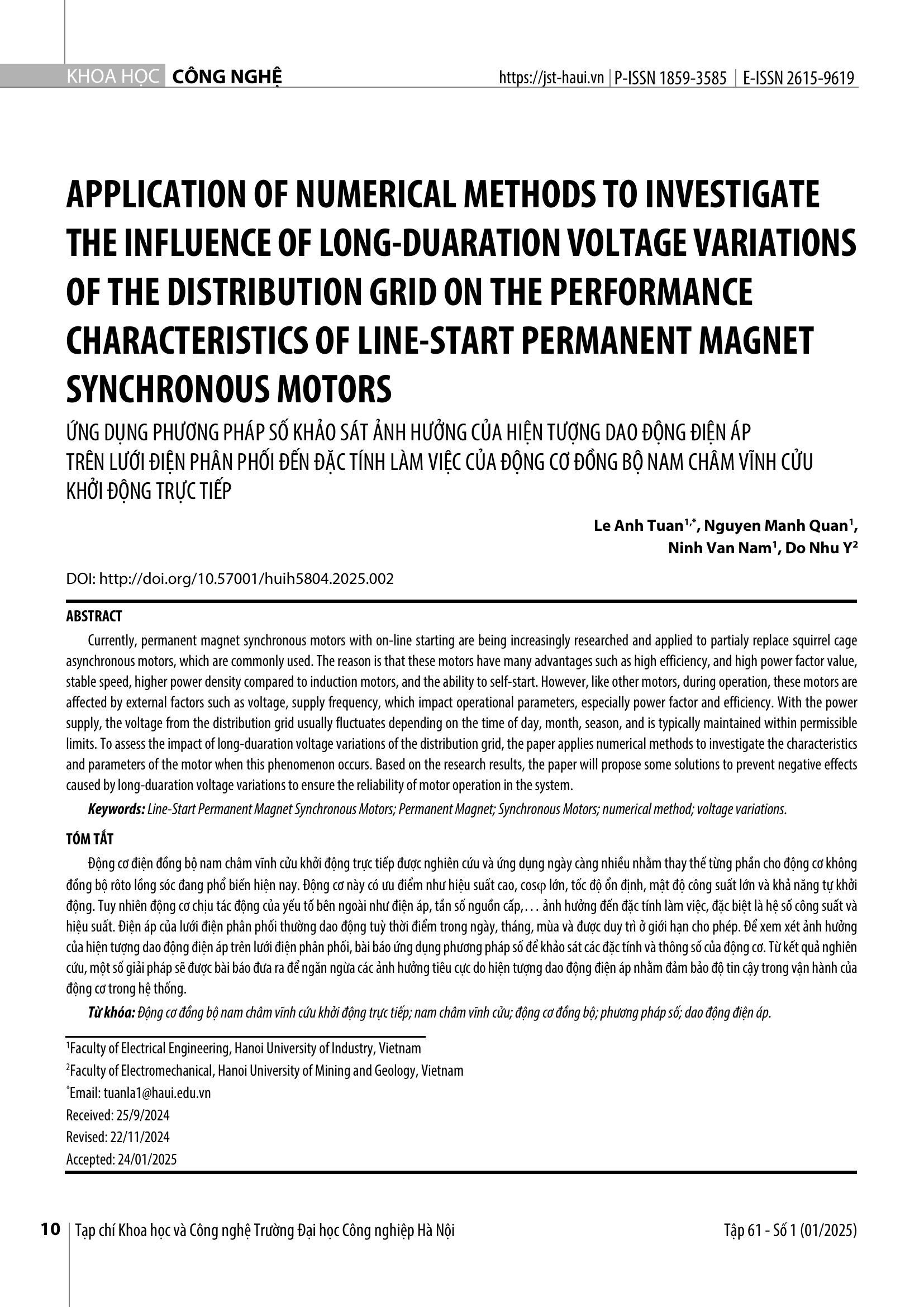 Ứng dụng phương pháp số khảo sát ảnh hưởng của hiện tượng dao động điện áp trên lưới điện phân phối đến đặc tính làm việc của động cơ đồng bộ nam châm vĩnh cửu khởi động trực tiếp