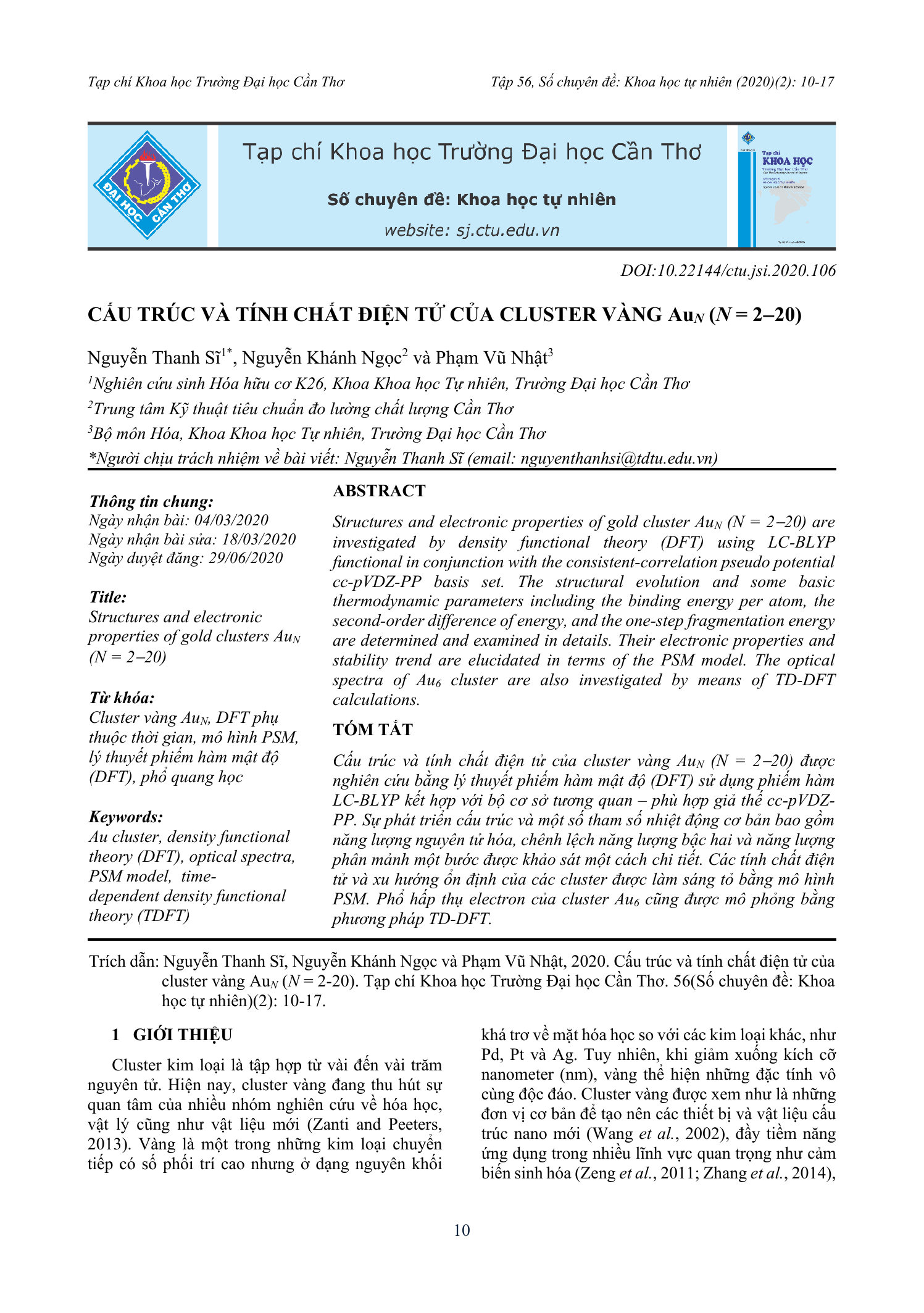 Cấu trúc và tính chất điện tử của cluster vàng Auₙ (N = 2–20)