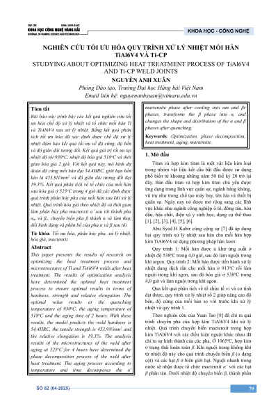 Nghiên cứu tối ưu hóa quy trình xử lý nhiệt mối hàn TiAl6V4 và Ti-CP