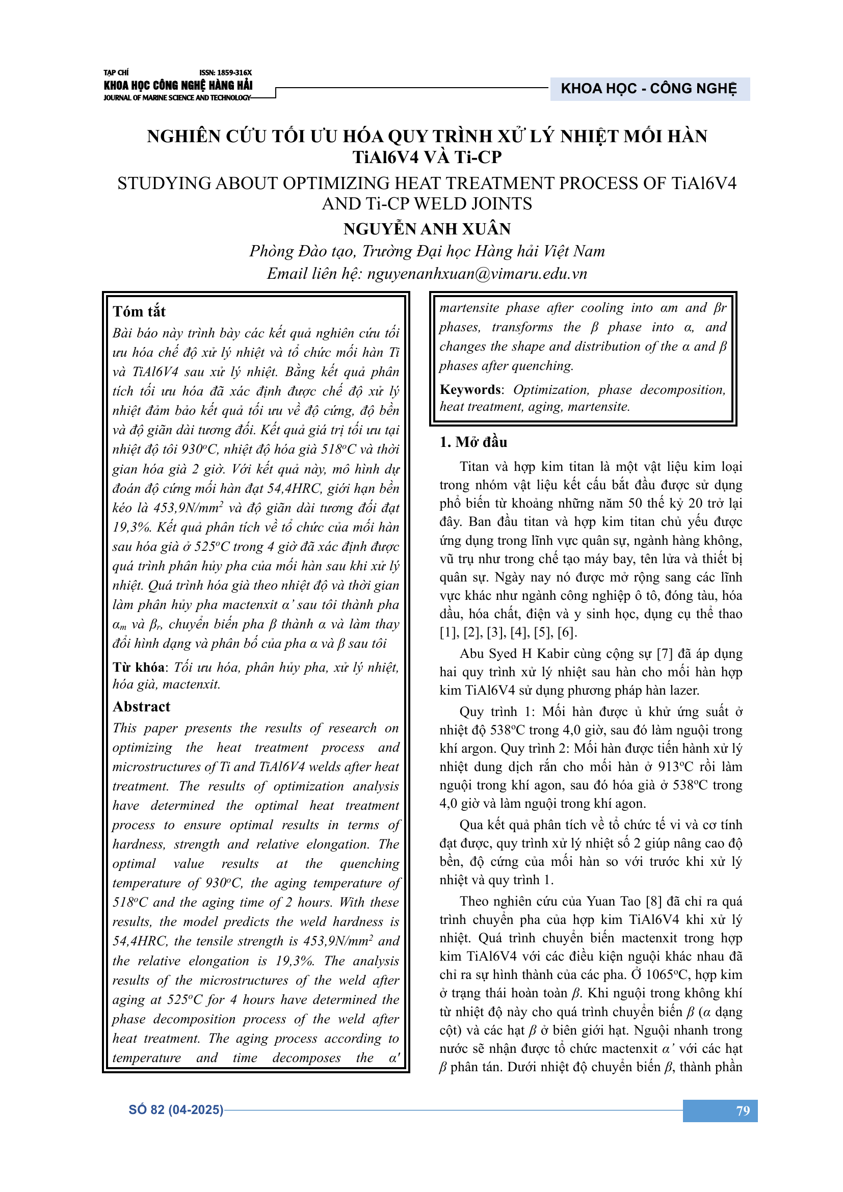 Nghiên cứu tối ưu hóa quy trình xử lý nhiệt mối hàn TiAl6V4 và Ti-CP
