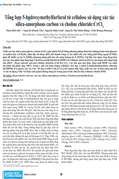 Tổng hợp 5-hydroxymethylfurfural từ cellulose sử dụng xúc tác silica-amorphous carbon và choline chloride:CrCl3