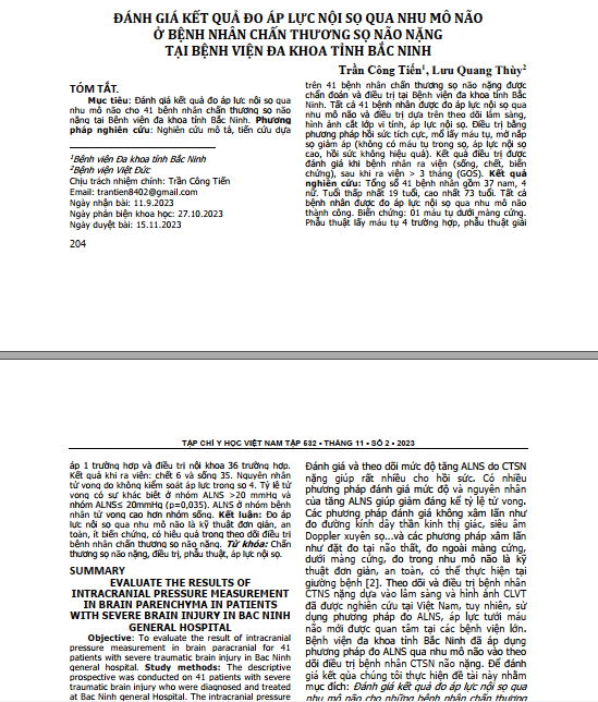 Đánh giá kết quả đo áp lực nội sọ qua nhu mô não ở bệnh nhân chấn thương sọ não nặng tại bệnh viện đa khoa tỉnh bắc ninh