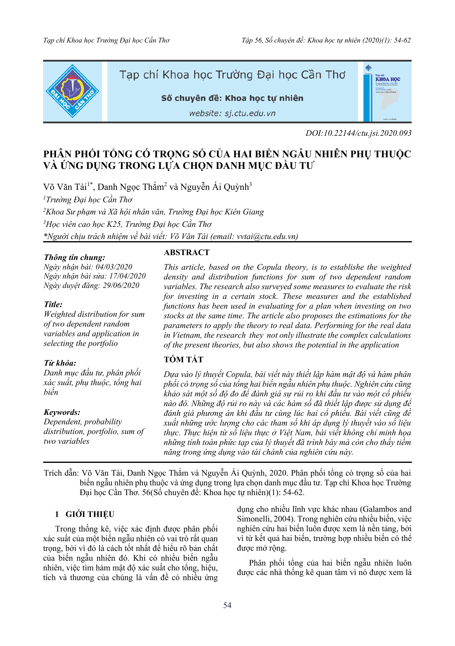 Phân phối tổng có trọng số của hai biến ngẫu nhiên phụ thuộc và ứng dụng trong lựa chọn danh mục đầu tư