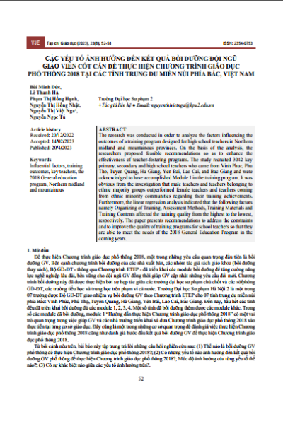 Các yếu tố ảnh hưởng đến kết quả bồi dưỡng đội ngũ giáo viên cốt cán để thực hiện chương trình giáo dục phổ thông 2018 tại các tỉnh trung du miền núi phía bắc, Việt Nam