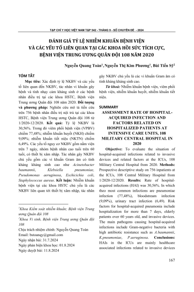 Đánh giá tỷ lệ nhiễm khuẩn bệnh viện và các yếu tố liên quan tại các khoa hồi sức tích cực, Bệnh viện Trung ương Quân đội 108 năm 2020
