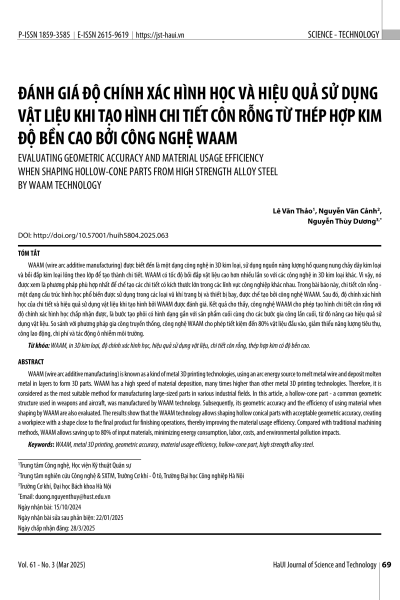 Đánh giá độ chính xác hình học và hiệu quả sử dụng vật liệu khi tạo hình chi tiết côn rỗng từ thép hợp kim độ bền cao bởi công nghệ WAAM