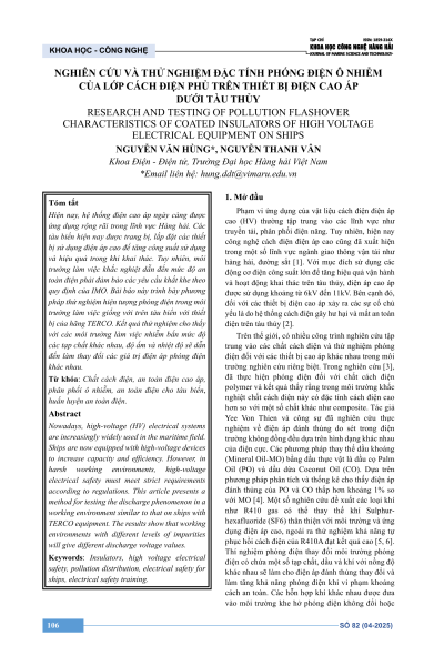 Nghiên cứu và thử nghiệm đặc tính phóng điện ô nhiễm của lớp cách điện phủ trên thiết bị điện cao áp dưới tàu thủy