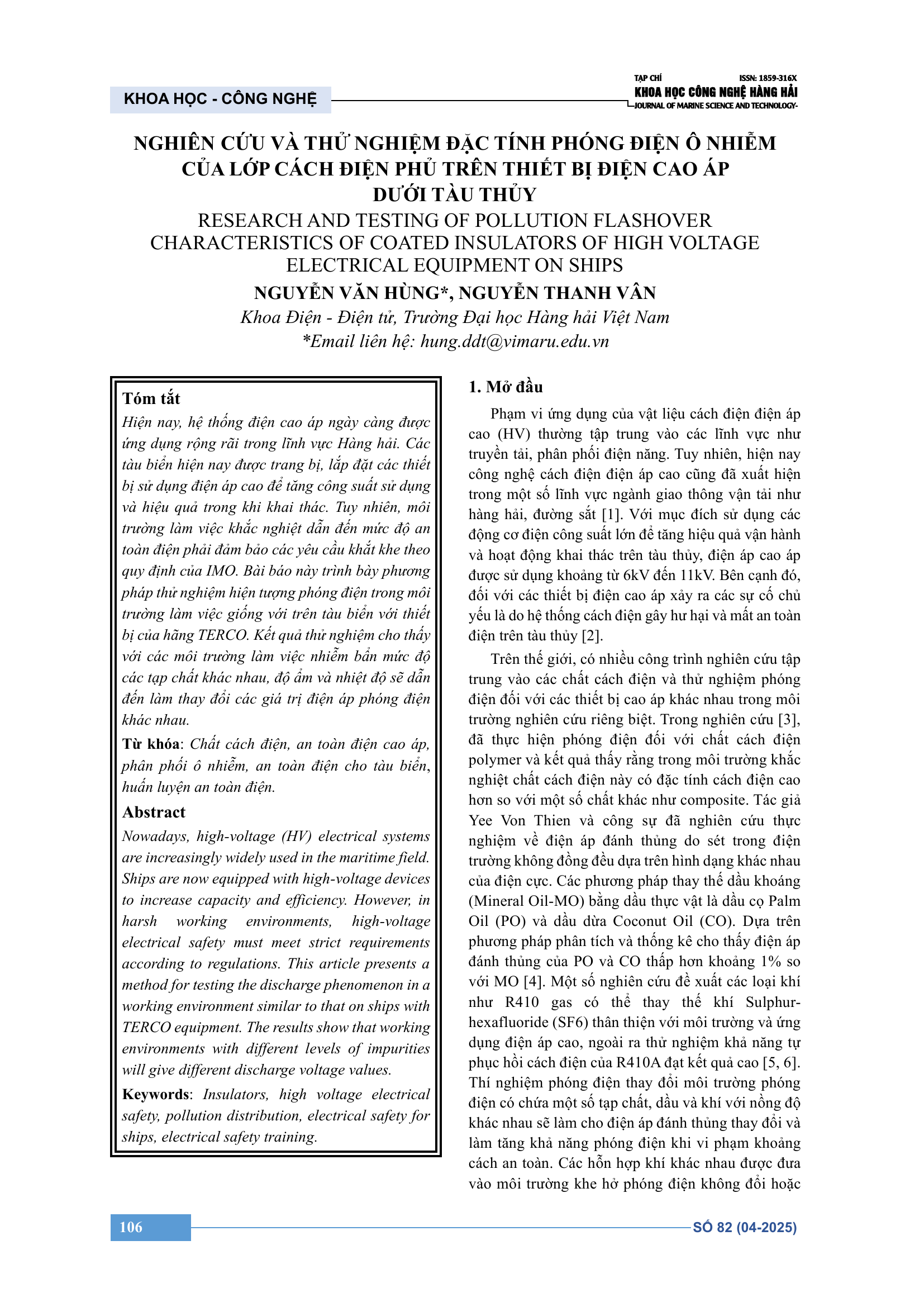 Nghiên cứu và thử nghiệm đặc tính phóng điện ô nhiễm của lớp cách điện phủ trên thiết bị điện cao áp dưới tàu thủy