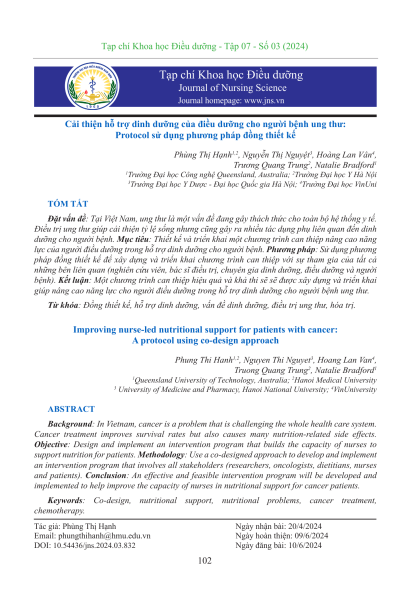 Cải thiện hỗ trợ dinh dưỡng của điều dưỡng cho người bệnh ung thư: Protocol sử dụng phương pháp đồng thiết kế