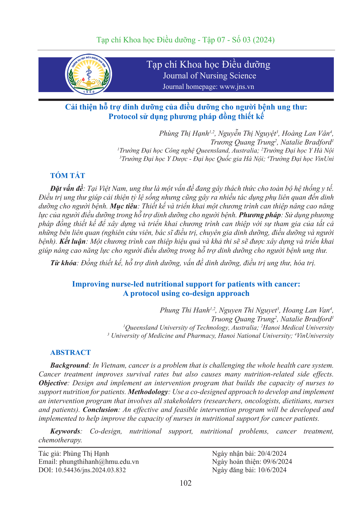 Cải thiện hỗ trợ dinh dưỡng của điều dưỡng cho người bệnh ung thư: Protocol sử dụng phương pháp đồng thiết kế