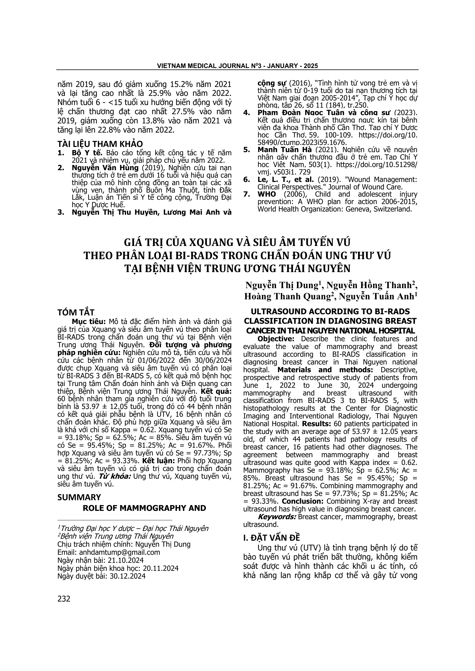 Giá trị của Xquang và siêu âm tuyến vú theo phân loại BI-RADS trong chẩn đoán ung thư vú tại Bệnh viện Trung ương Thái Nguyên