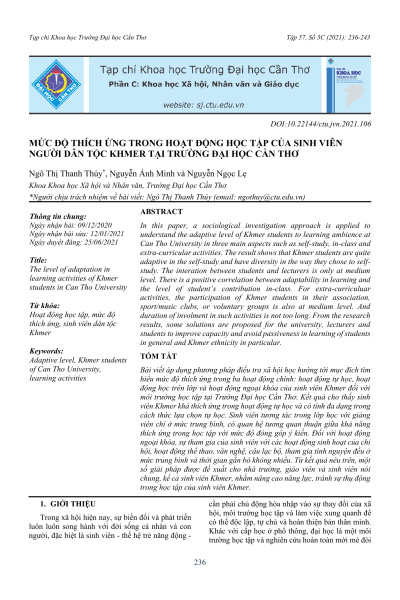 Mức độ thích ứng trong hoạt động học tập của sinh viên người dân tộc Khmer tại Trường Đại học Cần Thơ