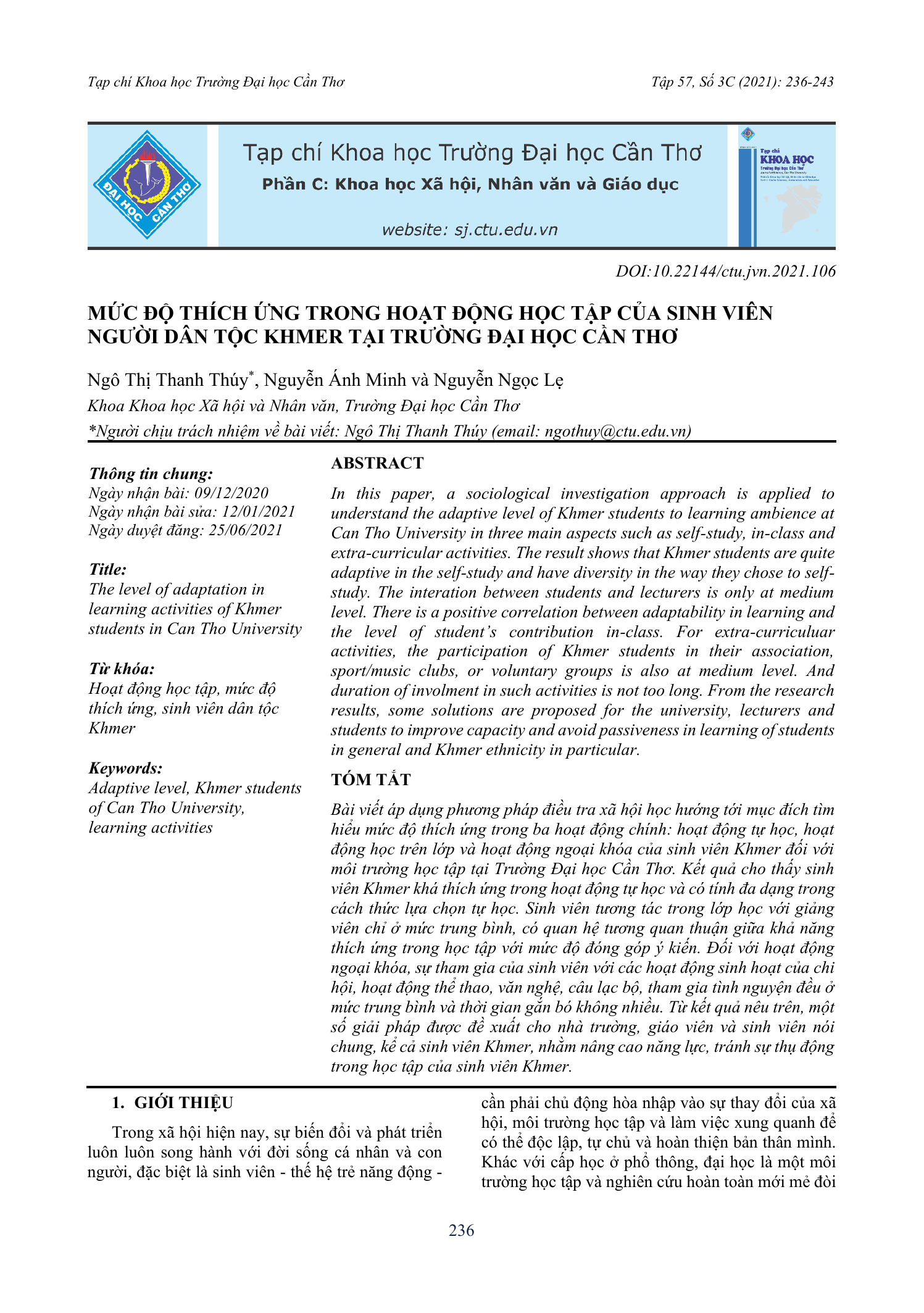 Mức độ thích ứng trong hoạt động học tập của sinh viên người dân tộc Khmer tại Trường Đại học Cần Thơ