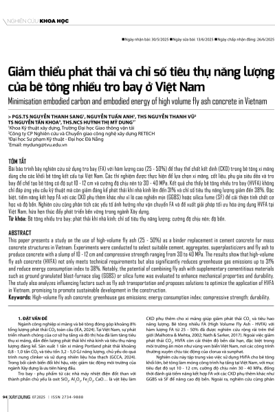 Giảm thiểu phát thải và chỉ số tiêu thụ năng lượng của bê tông nhiều tro bay ở Việt Nam