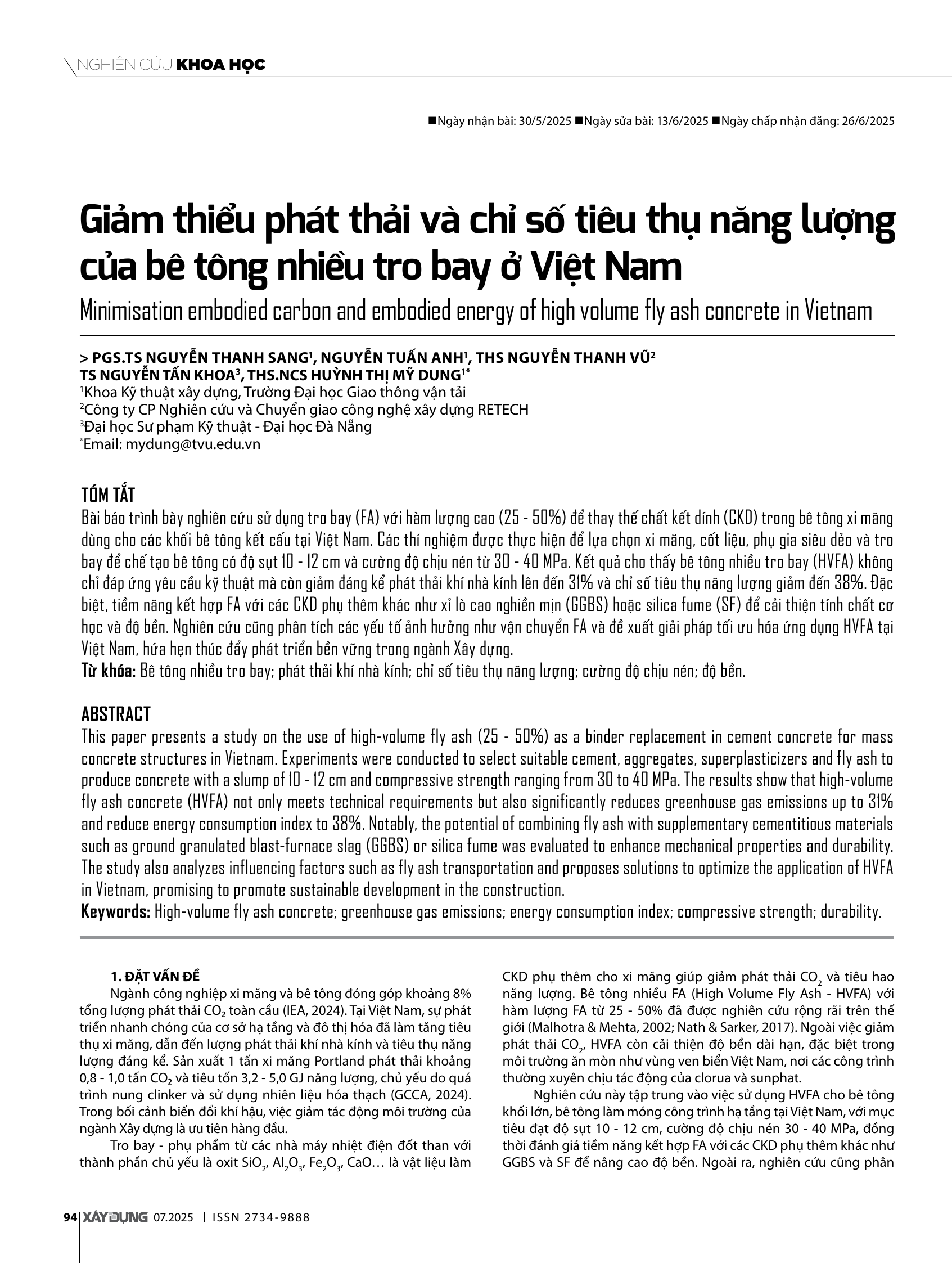 Giảm thiểu phát thải và chỉ số tiêu thụ năng lượng của bê tông nhiều tro bay ở Việt Nam
