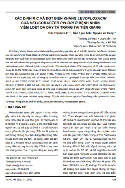 Xác định MIC và đột biến kháng levofloxacin của Helicobacter pylori ở bệnh nhân viêm loét dạ dày tá tràng tại Tiền Giang