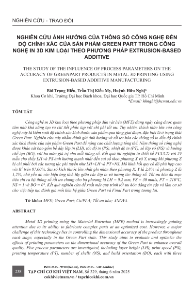 Nghiên cứu ảnh hưởng của thông số công nghệ đến độ chính xác của sản phẩm Green Part trong công nghệ in 3D kim loại theo phương pháp Extrusion-based Additive