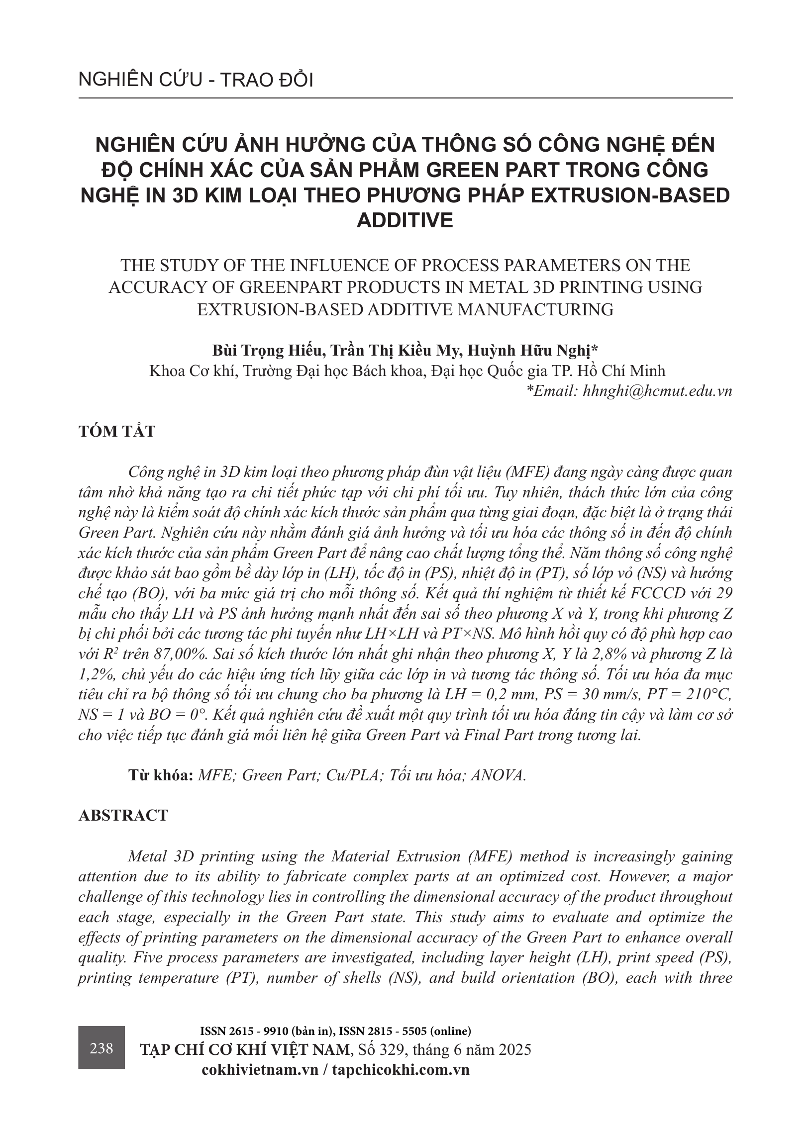 Nghiên cứu ảnh hưởng của thông số công nghệ đến độ chính xác của sản phẩm Green Part trong công nghệ in 3D kim loại theo phương pháp Extrusion-based Additive