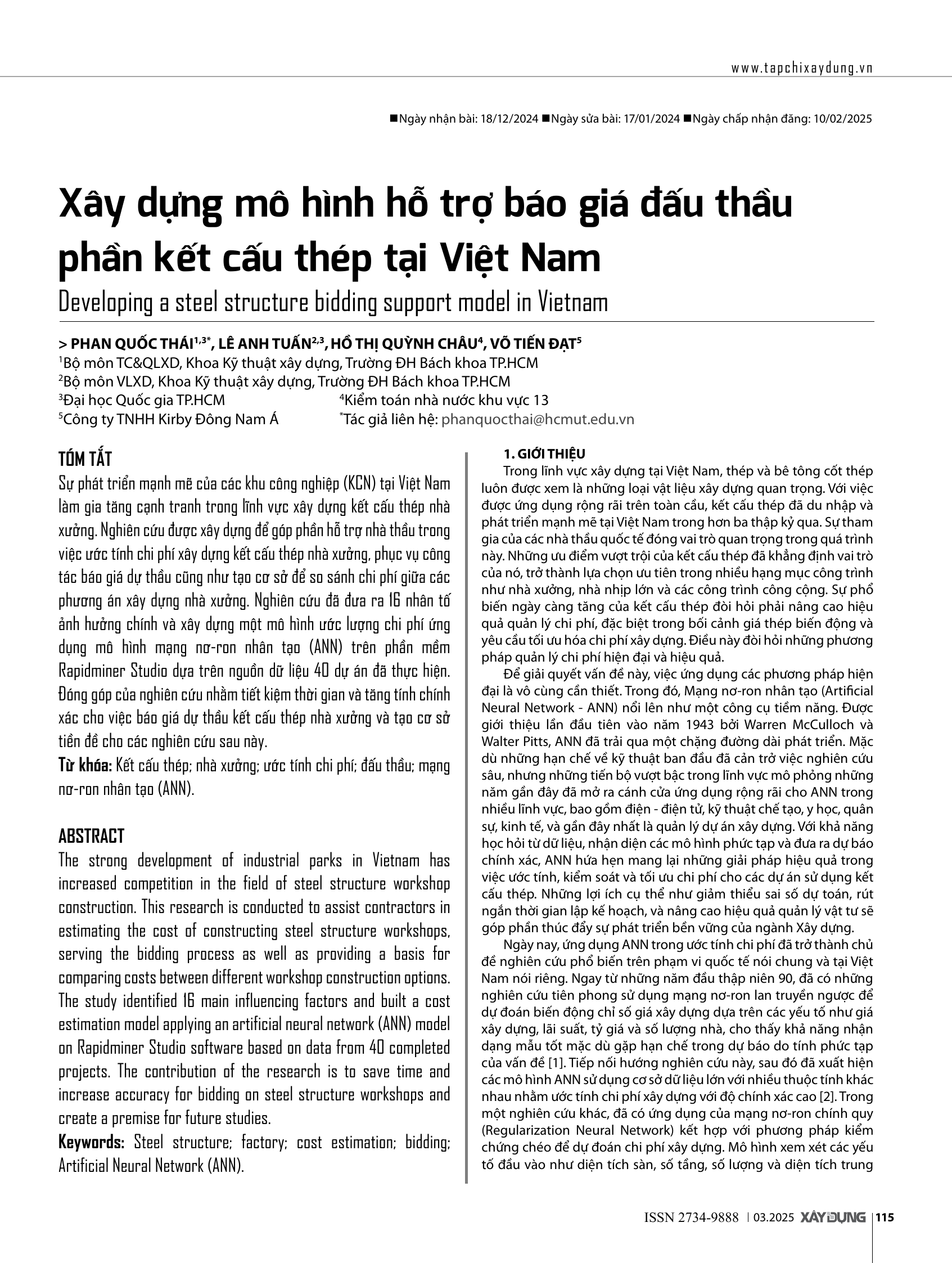 Xây dựng mô hình hỗ trợ báo giá đấu thầu phần kết cấu thép tại Việt Nam