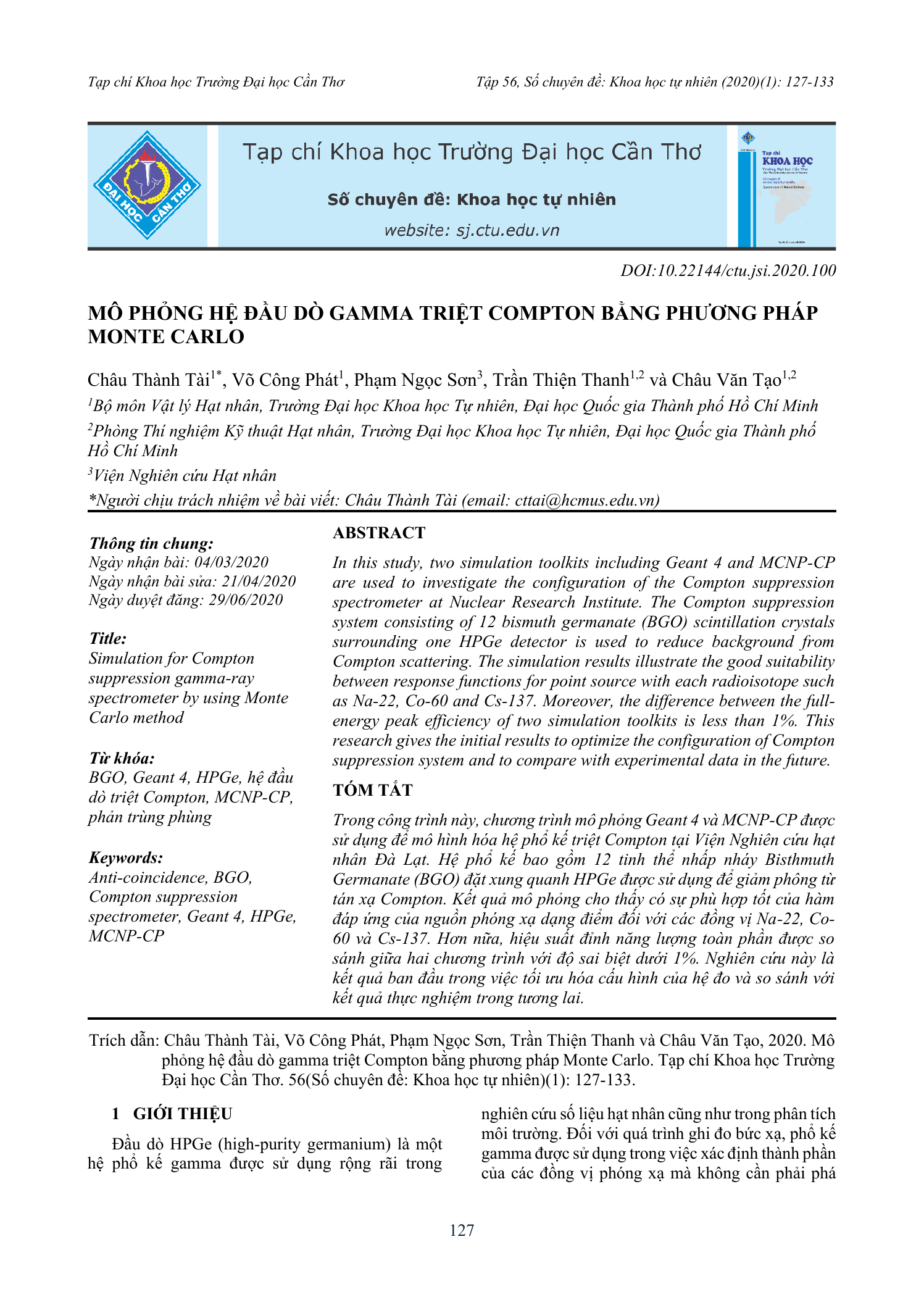 Mô phỏng hệ đầu dò gamma triệt Compton bằng phương pháp Monte Carlo