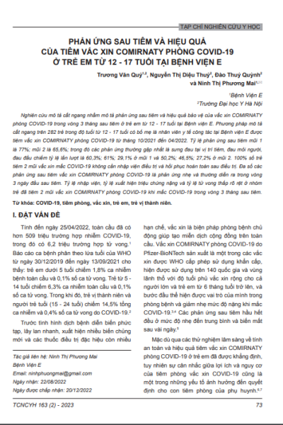 Phản ứng sau tiêm và hiệu quả của tiêm vắc xin comirnaty phòng Covid-19 ở trẻ em từ 12 - 17 tuổi tại bệnh viện E
