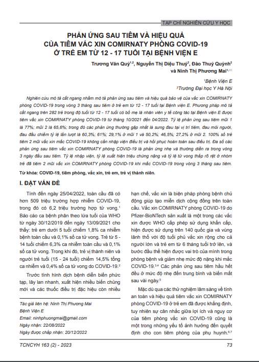 Phản ứng sau tiêm và hiệu quả của tiêm vắc xin comirnaty phòng Covid-19 ở trẻ em từ 12 - 17 tuổi tại bệnh viện E