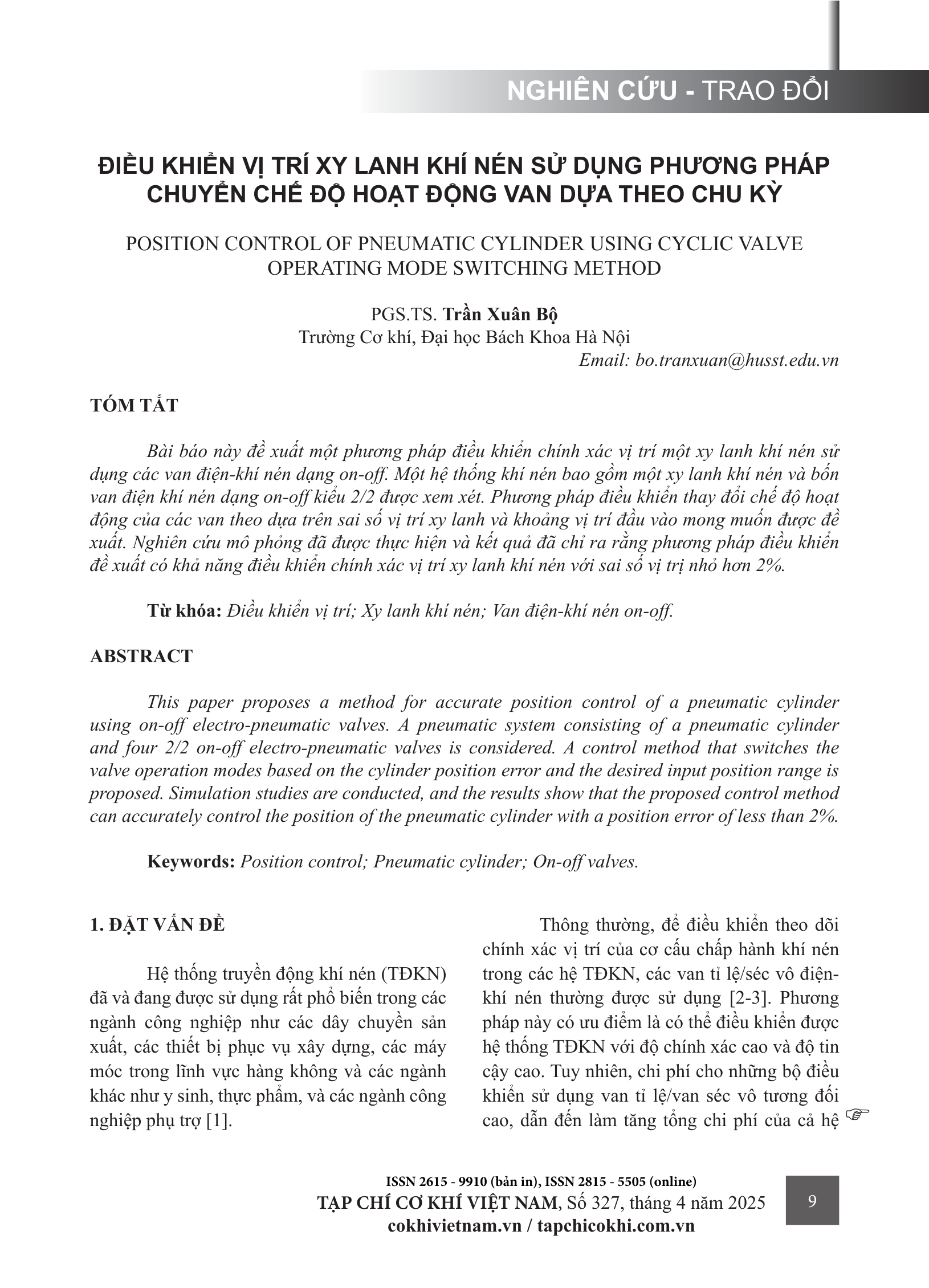 Điều khiển vị trí xy lanh khí nén sử dụng phương pháp chuyển chế độ hoạt động van dựa theo chu kỳ