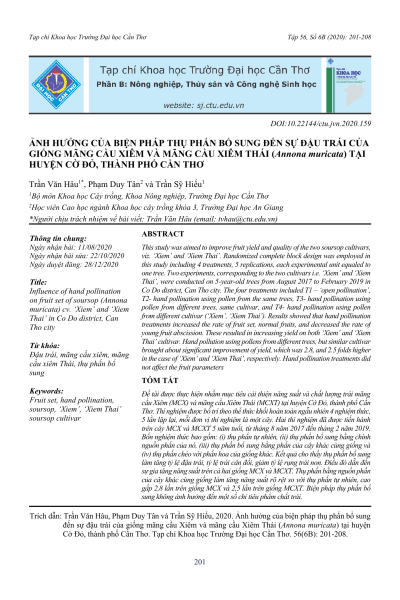 Ảnh hưởng của biện pháp thụ phấn bổ sung đến sự đậu trái của giống mãng cầu xiêm và mãng cầu xiêm Thái (Annona muricata) tại huyện Cờ Đỏ, thành phố Cần Thơ