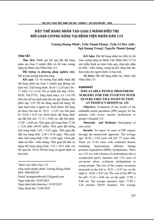 Đặt thể hang nhân tạo loại 3 mảnh điều trị rối loạn cương nặng tại Bệnh viện Nhân Dân 115