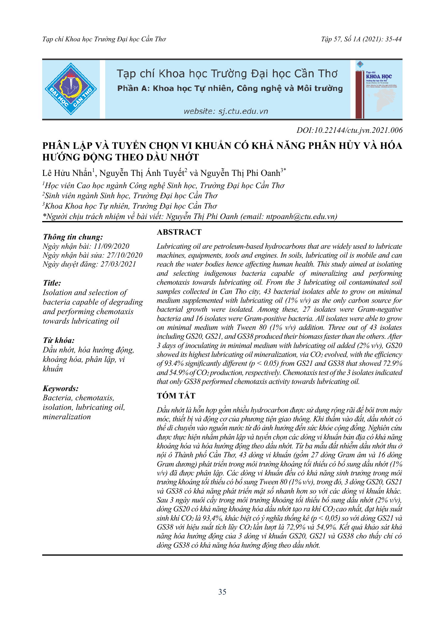 Phân lập và tuyển chọn vi khuẩn có khả năng phân hủy và hóa hướng động theo dầu nhớt